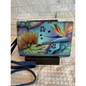 Anuschka Tropical Paradise Blue & Purple Multi Pocket Crossbody Purse